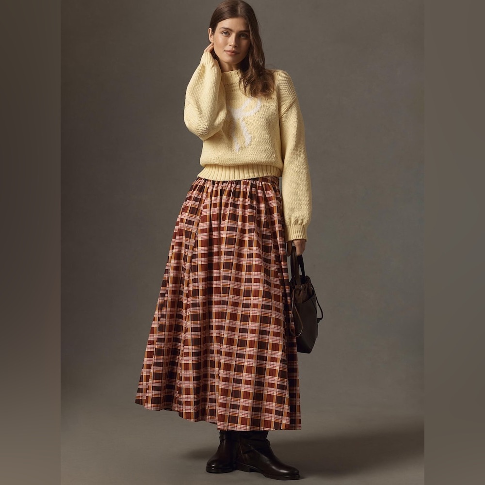 Anthropologie Maeve 1X Plus Jacie Poplin Printed Maxi Plaid Skirt